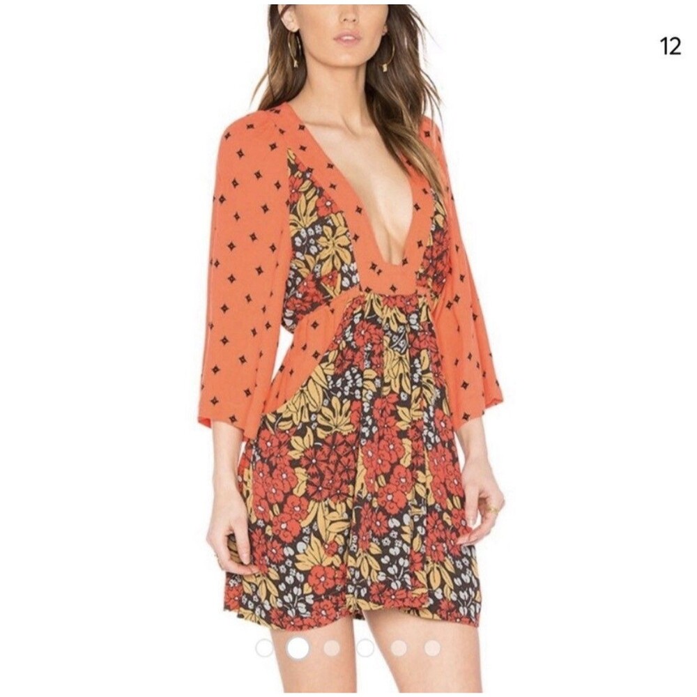 Free People Tallula Poppy Orange Deep-V Mixed Floral Dress Size M Pockets Boho